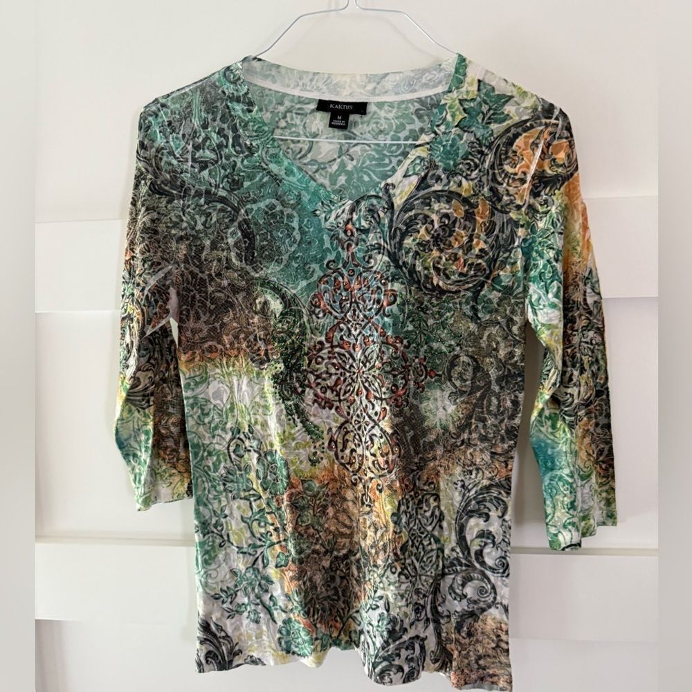 Kaktus boho teal and yellow paisley top size medium